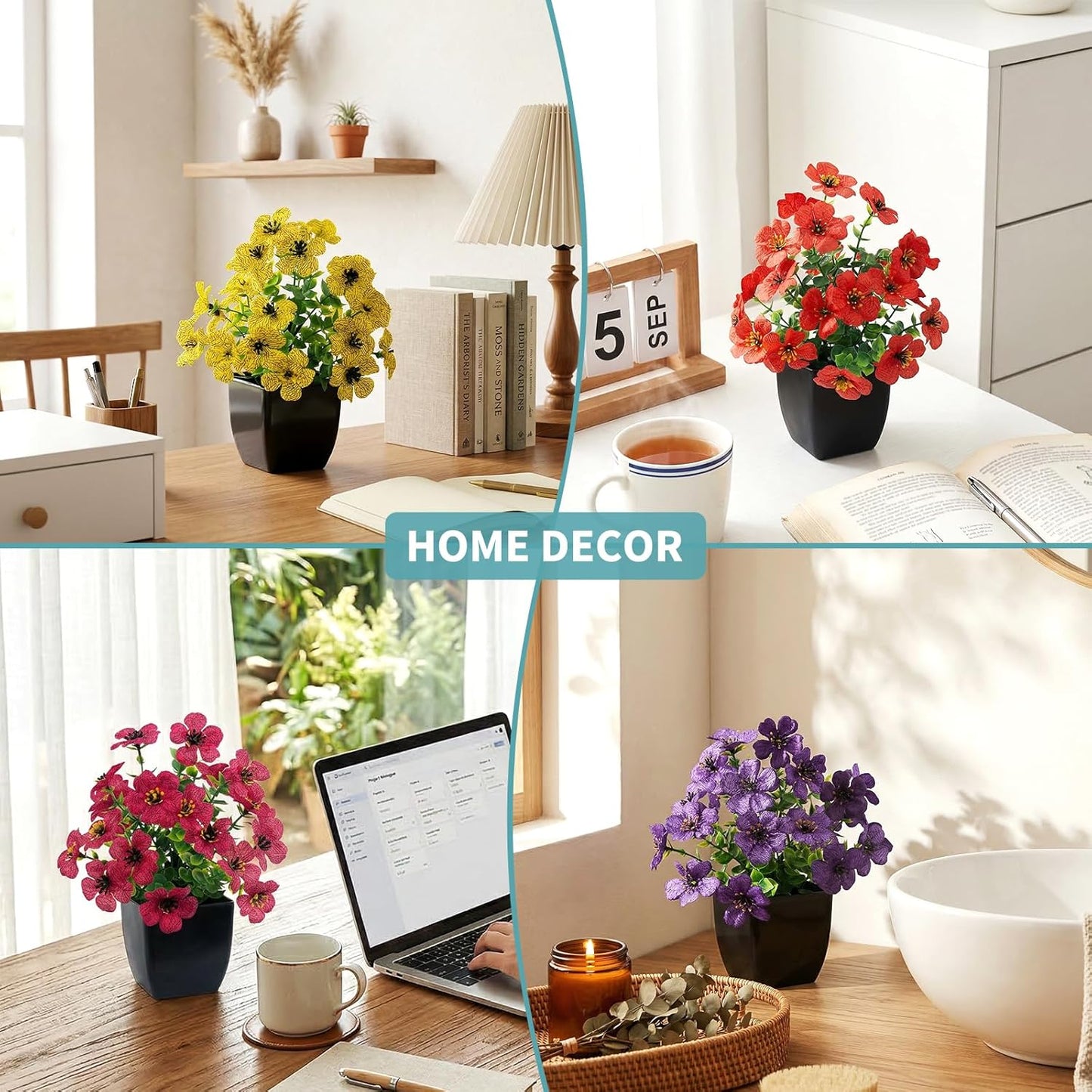 LOYWREE 4 Pack Small Artificial Mums Flowers in White Pots, Fake Mini Potted Plants, Spring Floral Decor for Home Bathroom Shelves Office Desk Table Centerpiece Indoor Decoration