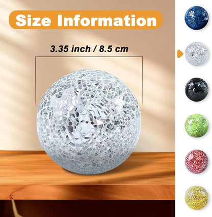 3 Pack Blue Decorative Orbs Mosaic Crack Glass Balls Decor Solid Sphere Globe Bowl Vase Fillers Holiday Living Room Mantle Basket Centerpiece 3.35 Inch