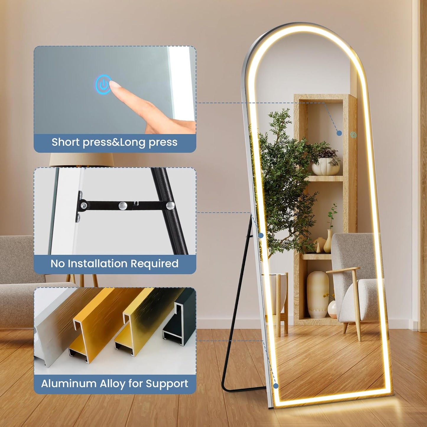 Mirror Full Length, Upgraded Body Wall Mirrors with Shatter-Proof Glass, Floor Standing, Hanging or Leaning, Tall Mirror with Stand Aluminum Alloy Frame for Bedroom