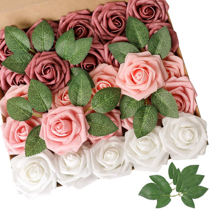 AmyHomie Artificial Flowers Dark Red Rose 25pcs Real Looking Fake Roses w/Stem for DIY Wedding Bouquets Centerpieces Arrangements Party Baby Shower Mothers Day Christmas Tree Decorations