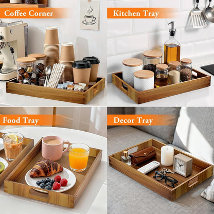 Acacia Serving Trays - 2 Pack, Acacia Wood Serving Platterss, Wood Serving Tray, Decorative Trays for Breakfast, Brunch, Dinner, Coffee Table, Party, Kitchen-M