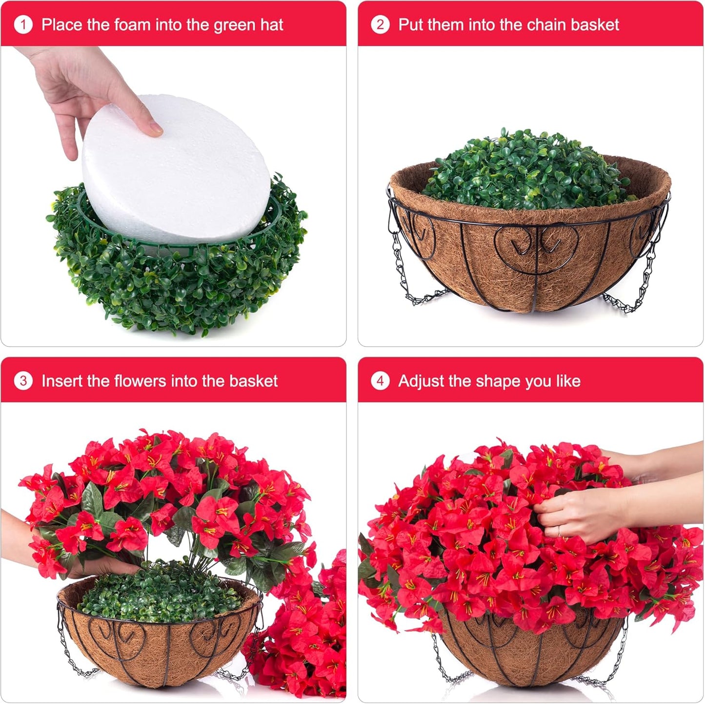 Artificial Hanging Flowers Faux Plants Basket for Outdoors Spring Summer Decor, Fake Silk Bougainvillea in Planter Outdoor Look Real UV Resistant Faux Flower for Outside Porch Patio Garden Home, White