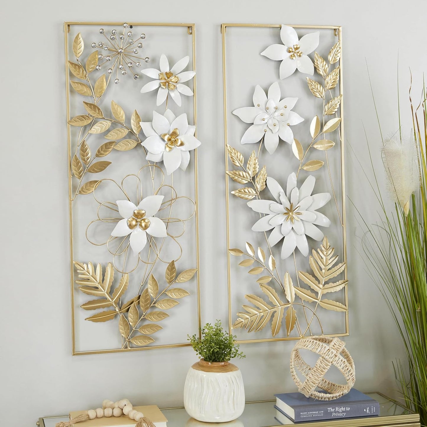 Deco 79 Metal Floral Home Wall Decor Wall Sculpture with Gold Frame, Set of 2 Wall Art 14"W, 35"H, Gold