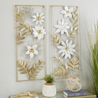 Deco 79 Metal Floral Home Wall Decor Wall Sculpture with Gold Frame, Set of 2 Wall Art 14"W, 35"H, Gold