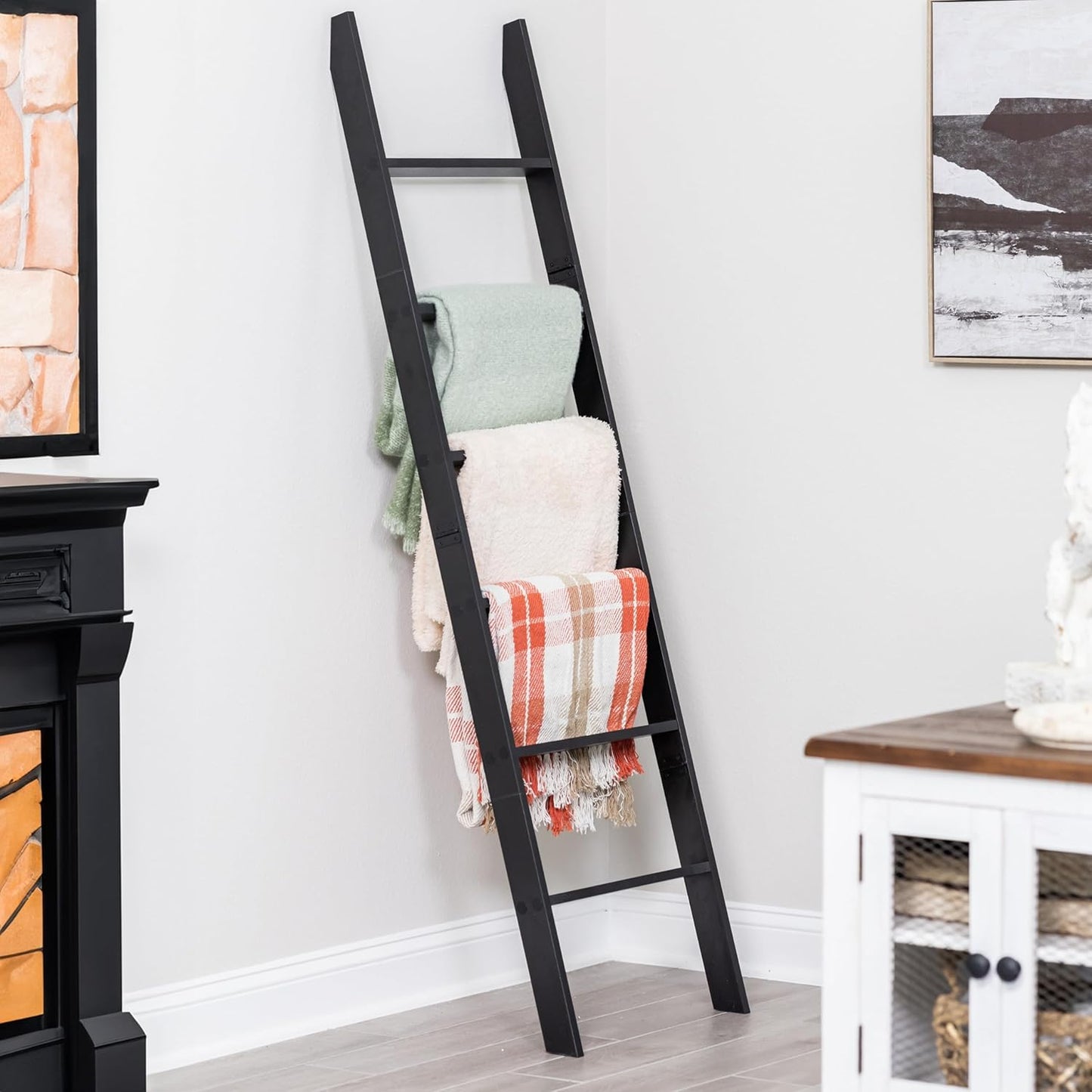 Blanket Ladder for Living Room and Bedroom, 5ft 8 inch, 6-Tier Wall Leaning Laminate Snag Free Construction (White) Rustic Decorative Farmhouse Blanket Storage, Quilt Rack, Ladder Shelf, Easy Assembly