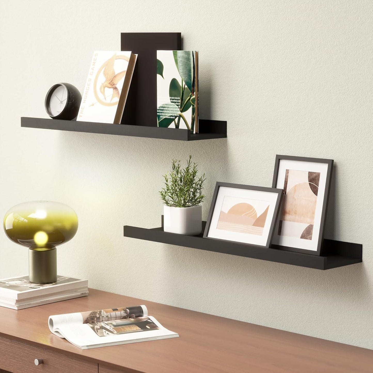 Boswillon Floating Shelves Wall Mounted Set of 2, Modern Black Wall Shelves for Storage with Lip, Display Picture Ledge Shelf for Wall Decor Bedroom Living Room Bathroom Kitchen