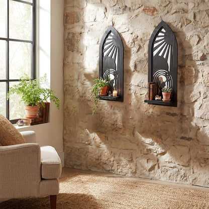 Wood Wall Sconce Candle Holder Set 2, Rustic Wall-Mount Candle Holders, Farmhouse Hanging Wall Décor, Carved Wood Frame, Mirrored Candle Holder (Distressed White)