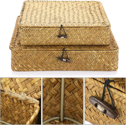 Hipiwe Set of 2 Flat Woven Wicker Storage Bins with Lid Natural Seagrass Basket Multipurpose Home Boxes for Shelf Organizer (Coffee)