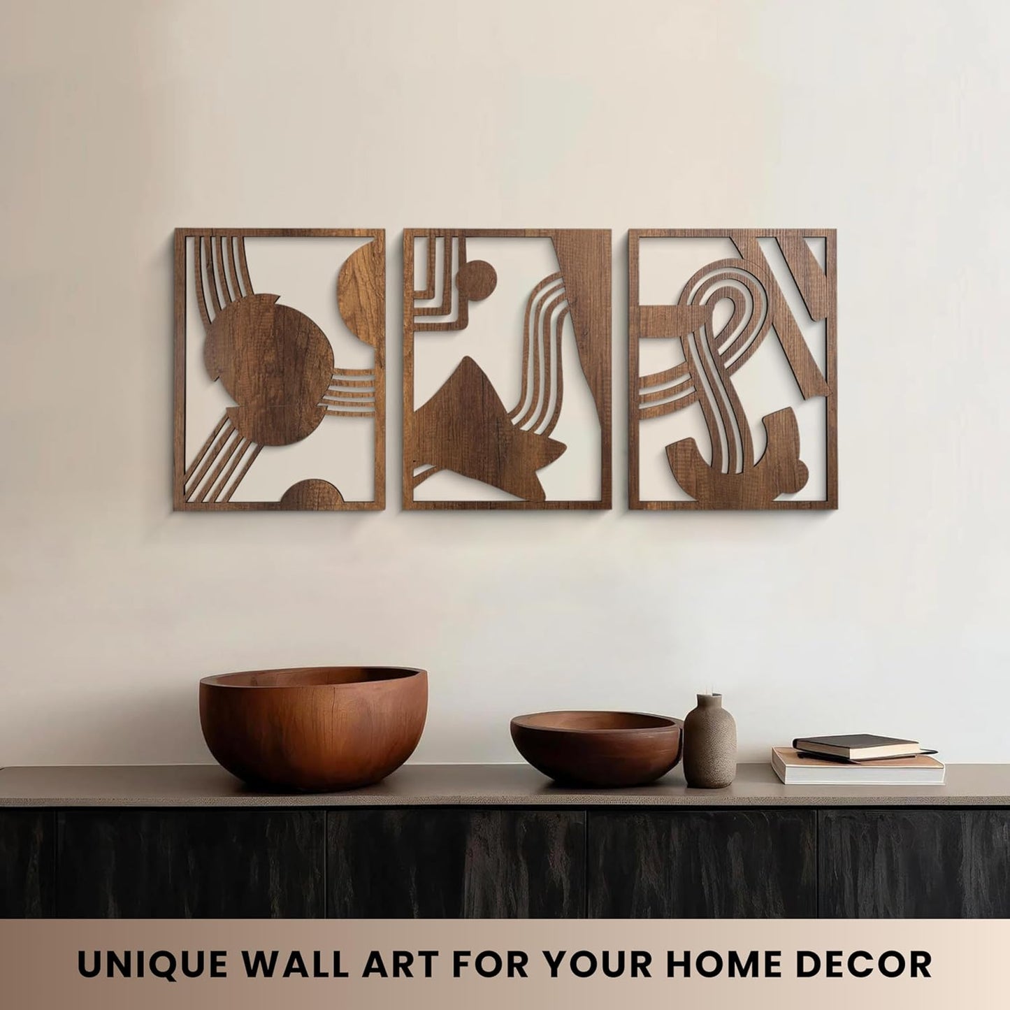 qmmp Modern Wooden Wall Sculptures - Set of 3 - Home Decor Accent - Large Wall Art for Living Room, Bedroom, Office - Easy Installation (Oak, Medium - Mountain and Sun)