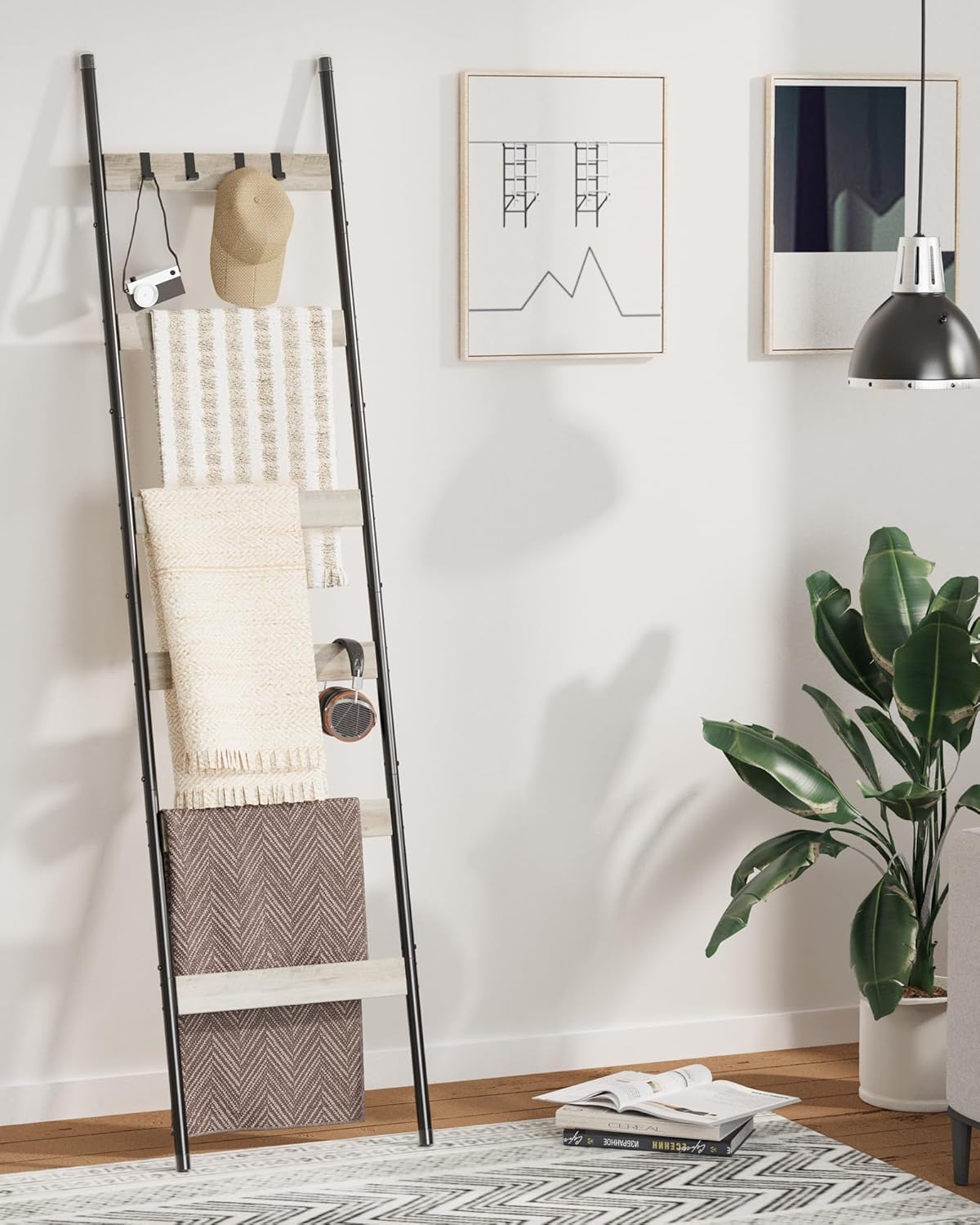 Blanket Ladder, 5-Tier Towel Holder with 4 Removable Hooks, Farmhouse Wall Leaning Decorative Rack Shelf, Wooden Towel Display Rack, Quilt Ladder for Living Room, Bedroom, Rustic Brown