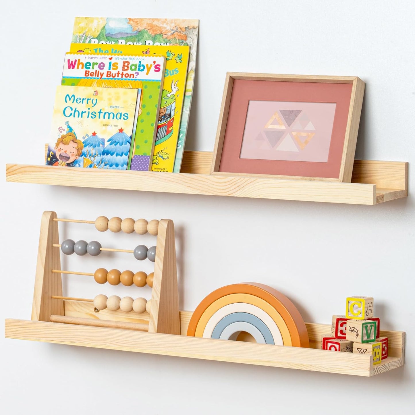 FLYJOE Picture Ledge Shelf, Floating Shelves Set of 2, Solid Pine Wood 55'' Long Large Nursery Book Shelves for Toys Storage, Kids Bookshelf for Living Room Bedroom Decor Books Photo Frames, Walnut