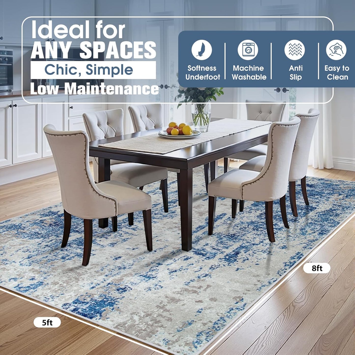 8x10 Area Rugs for Living Room Rug Washable: Abstract Large Rug for Dining Room Bedroom Carpet Non Slip 8 by 10 Indoor Modern Nursery Home Office Blue Grey