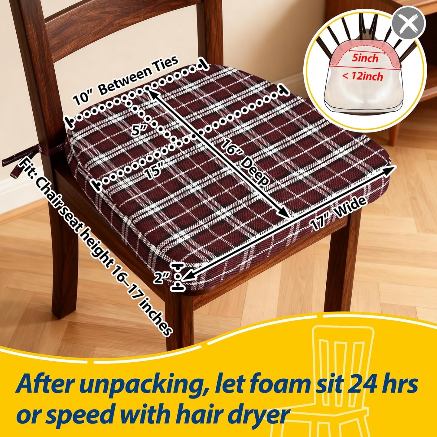 AAAAAcessories D-Shaped Chair Cushions, 2" Thick Dining Chair Pads with Ties and Removable, Machine-Washable Cover, 17" x 16", Set of 4, Oatmeal Beige - Colors A