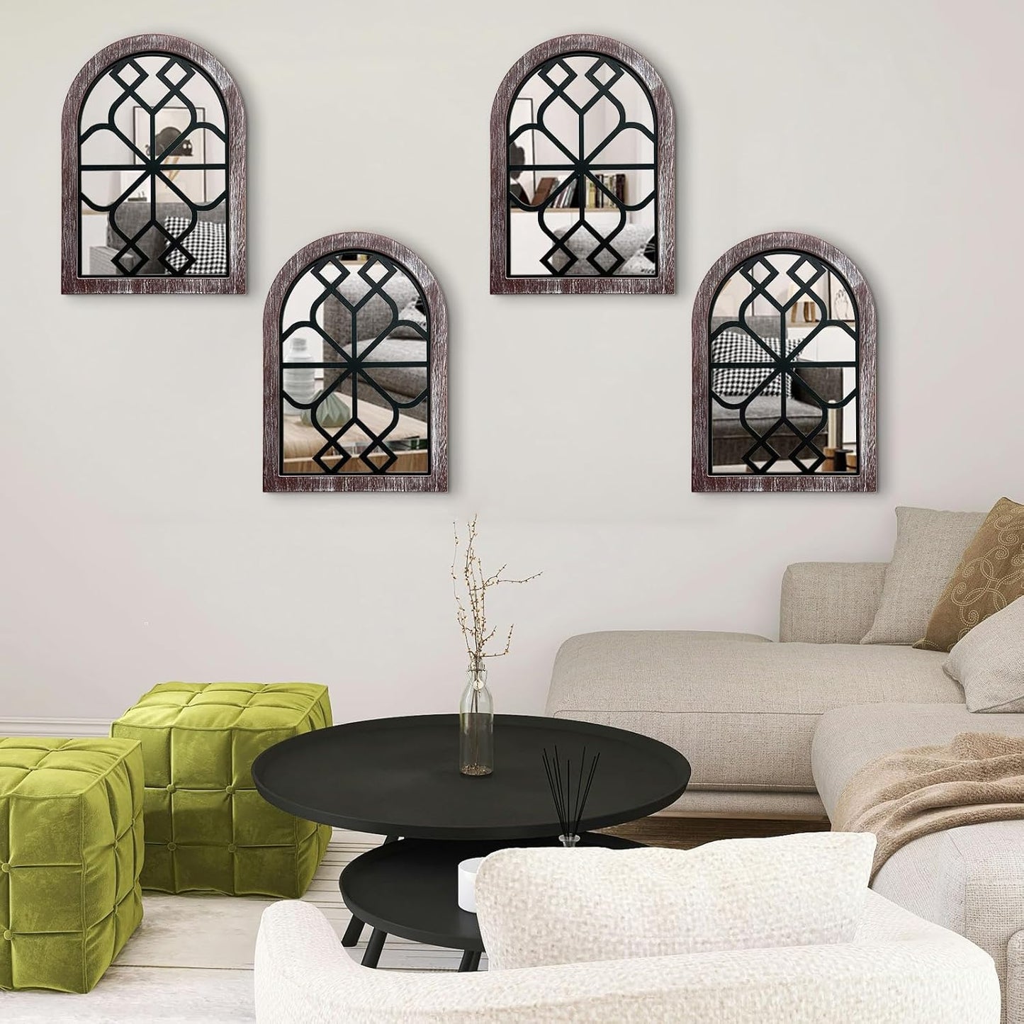ZEXUIRU 4 Set. Rustic Wall Mirrors for Bedroom Bathroom Living Room Entryway Wood Farmhouse Square Easy to Hang Framed Decorative Accent Hanging Wall-Mounted Mirror Set for Living Room - Black
