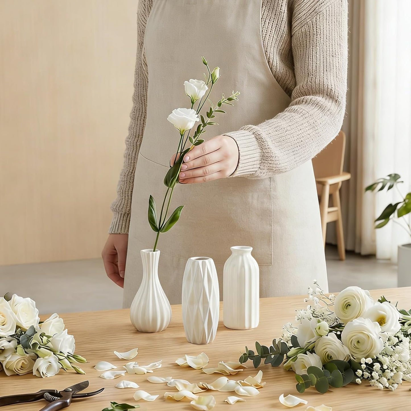 BEAHOT Ceramic Bud Vases Set of 12 - Matte Mini White Jars Bulk | Small White Ceramic Vases for Centerpieces, Wedding Floral Arrangements, DIY Crafts & Boho Table Decor (No Repeating Designs)