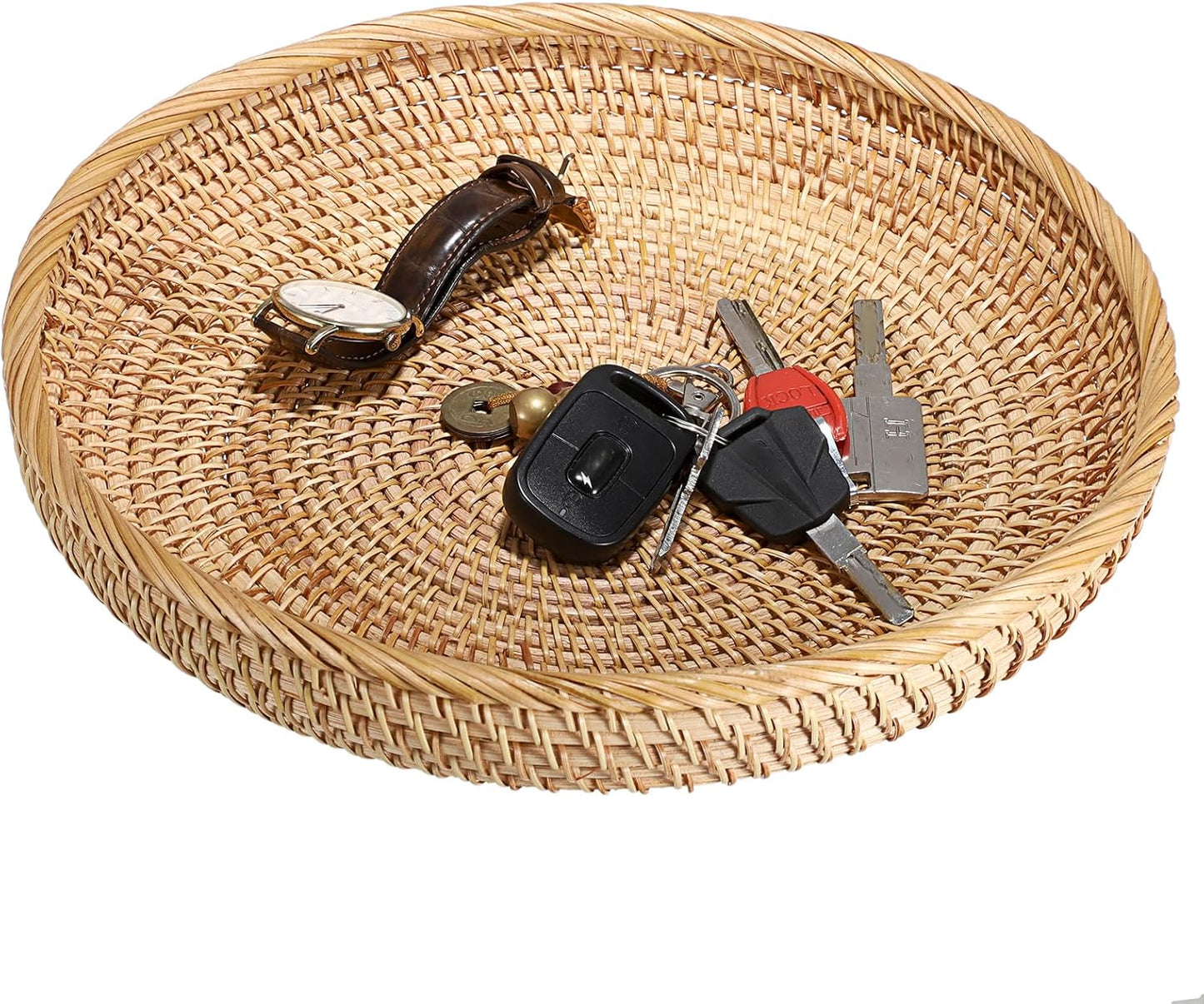 Hipiwe Small Key Basket Bowl for Entryway 7.6" Round Woven Wicker Basket Fruit Serving Tray Woven Basket Wall Decor Rattan Organizer Basket for Keys, Wallet,Whitewash