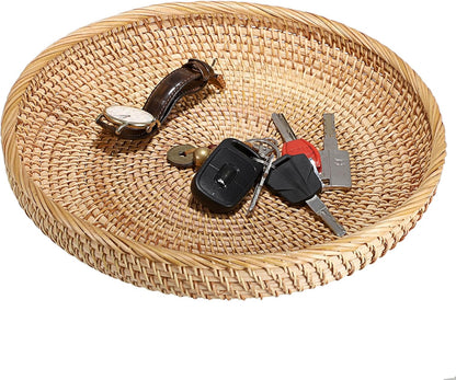 Hipiwe Small Key Basket Bowl for Entryway 7.6" Round Woven Wicker Basket Fruit Serving Tray Woven Basket Wall Decor Rattan Organizer Basket for Keys, Wallet,Whitewash