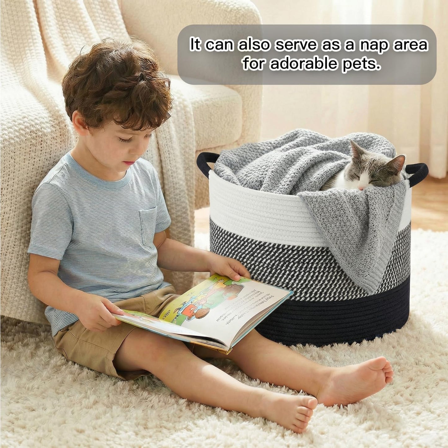 Artfeel 70L Large Cotton Rope Basket, Decorative Woven Blanket Storage for Living Room, Boho Toy Storage & Toy Box for Kids, Versatile Laundry Basket & Nursery Hamper for Blankets(Brown)
