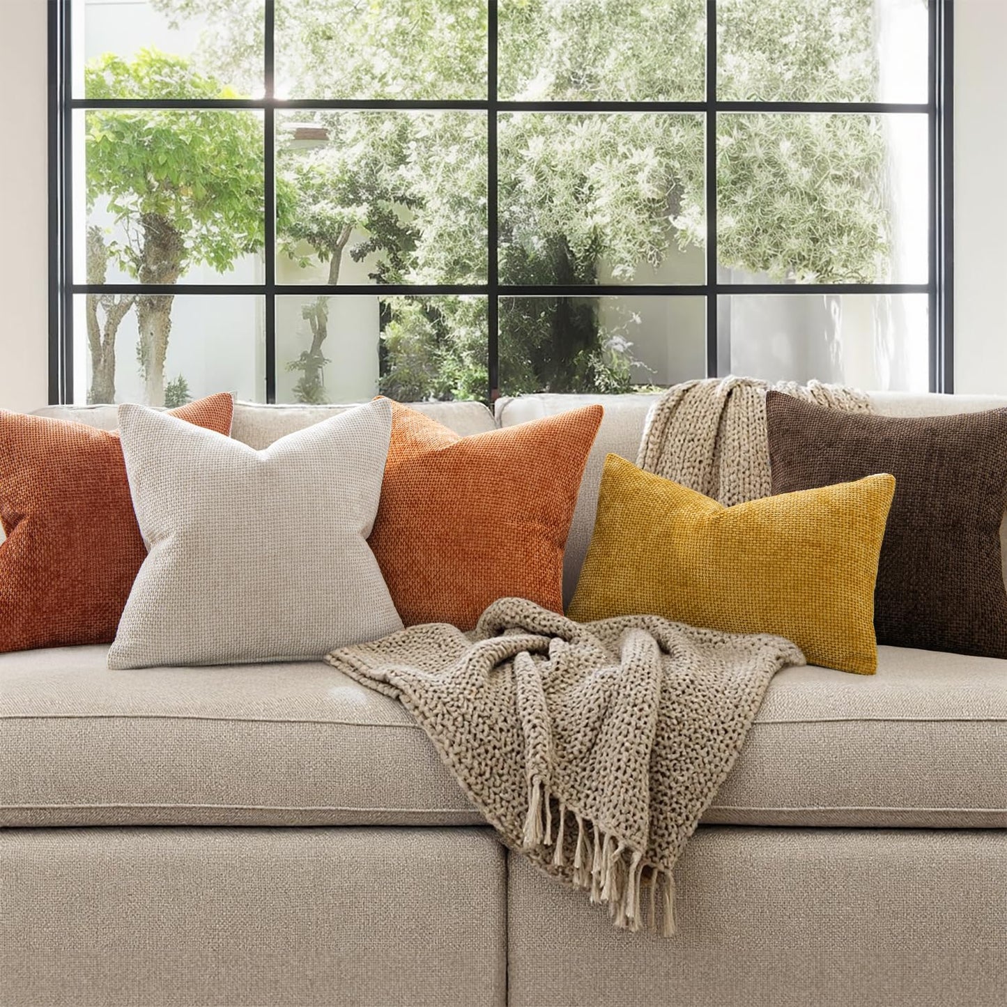 MIULEE Pack of 2 Couch Throw Pillow Covers 18x18 Inch Neutral Beige Modern Boho Accent Decorative Pillow Covers Soft Chenille Farmhouse Cushion Covers for Home Decor Bed Sofa Living Room
