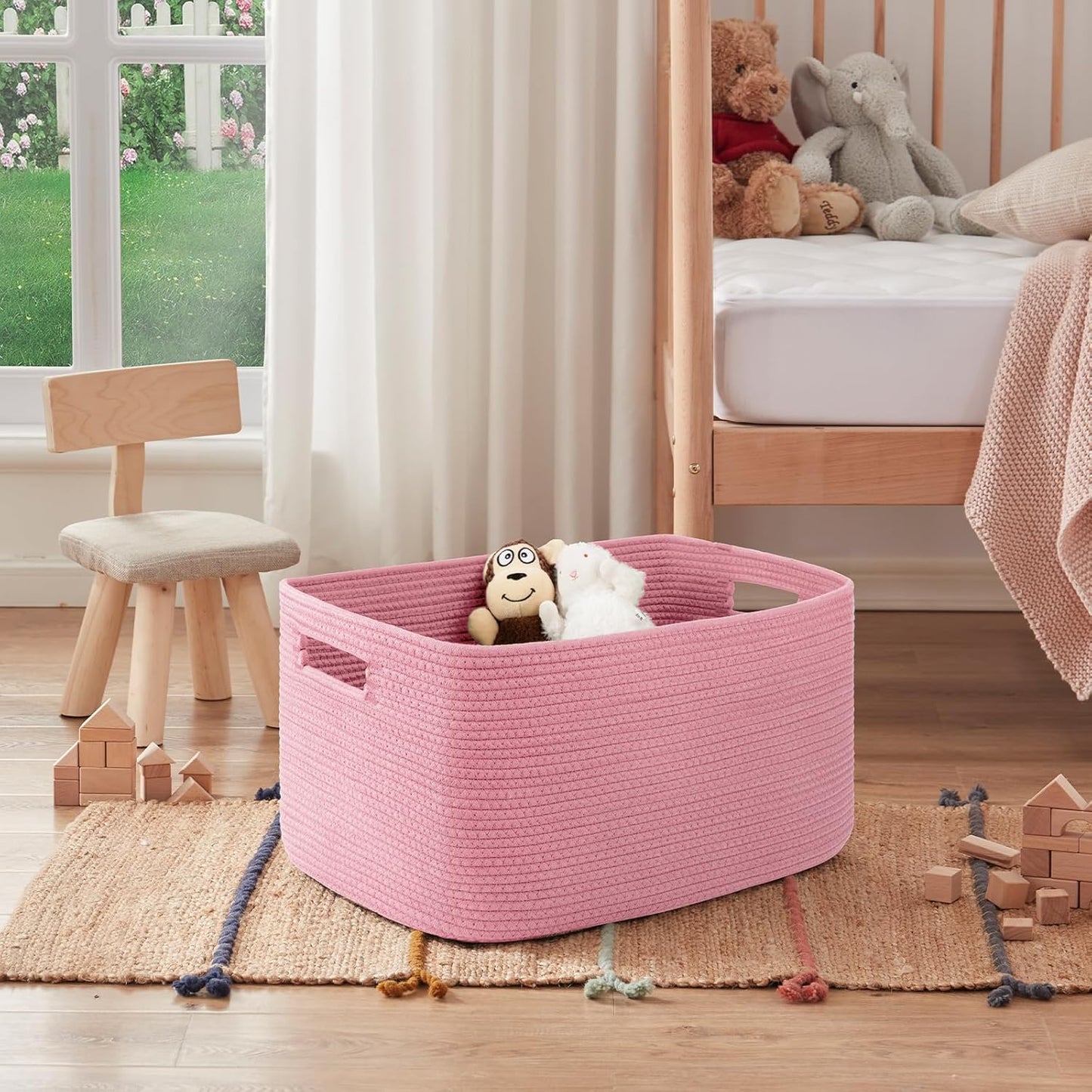 OIAHOMY 75L Large Woven Cotton Rope Storage Basket with Handle for Organizing Blanket and Toys for Living Room, Nursery, Brown Variegated 22”x17”x12”
