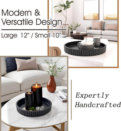 Modern Table Round Decorative Trays 2pcs Home Decor - Circle Coffee Table Centerpiece Set 12"/10" - Wooden Cool Grey Ottoman Tray with Fluted Edge