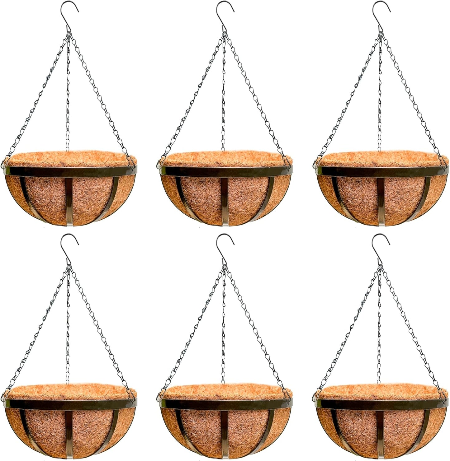 LaLaGreen Outdoor Hanging Baskets for Plants (12 Inch, 6 Pack) Medium Hanging Planter with Coco Liner, Flat Iron Metal Round Plant Flower Pots for Deck Patio Porch Garden Balcony Outside Decoration
