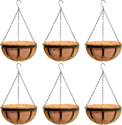 LaLaGreen Outdoor Hanging Baskets for Plants (12 Inch, 6 Pack) Medium Hanging Planter with Coco Liner, Flat Iron Metal Round Plant Flower Pots for Deck Patio Porch Garden Balcony Outside Decoration