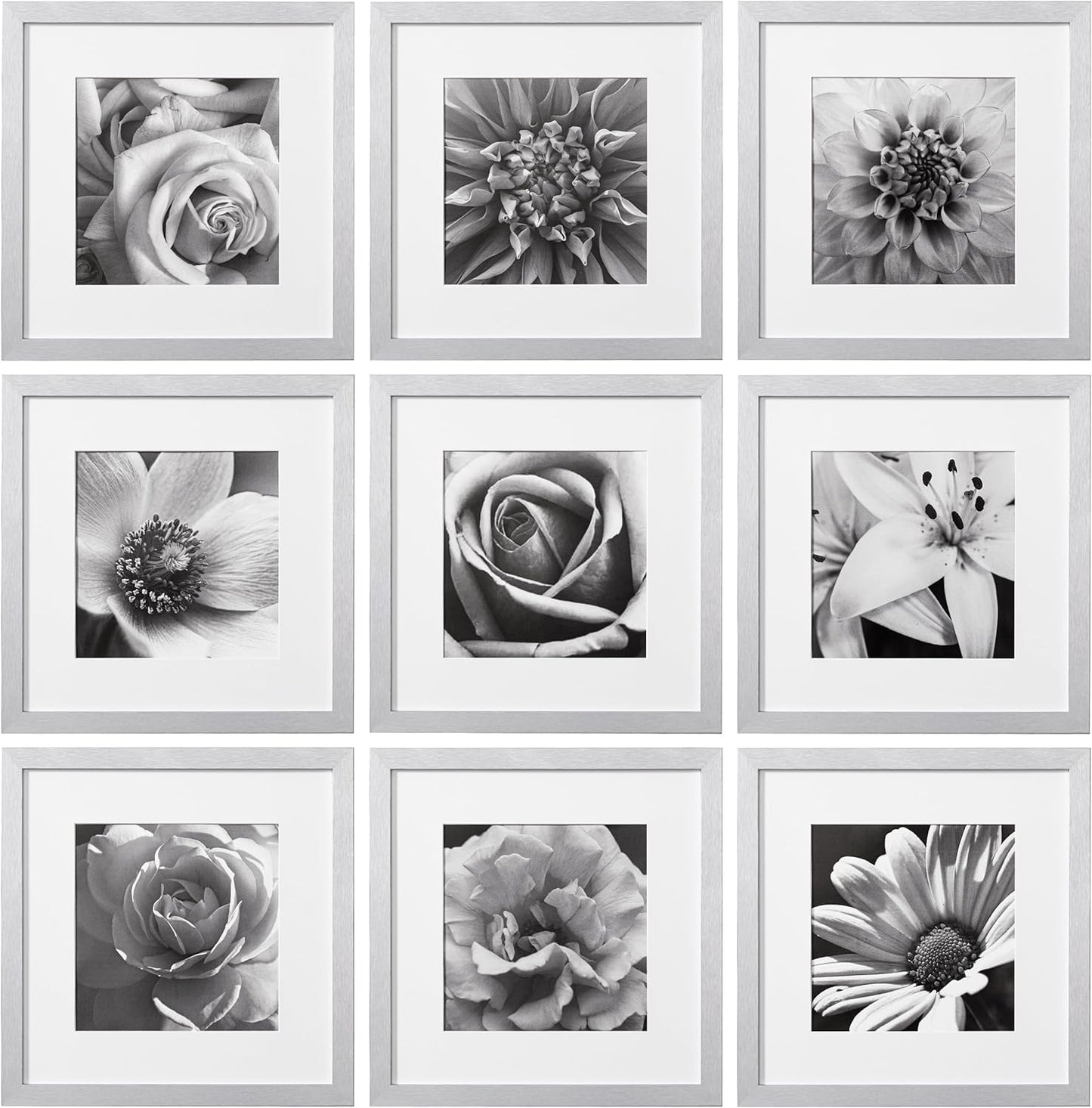 eletecpro 12x12 Picture Frames Set of 9 with Clear Acrylic Cover, Display 8x8 Photos with Mat or 12x12 Without, Classic and Sturdy Square Collage Gallery Wall Decor, Easy Wall Mount, Black