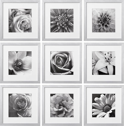 eletecpro 12x12 Picture Frames Set of 9 with Clear Acrylic Cover, Display 8x8 Photos with Mat or 12x12 Without, Classic and Sturdy Square Collage Gallery Wall Decor, Easy Wall Mount, Black
