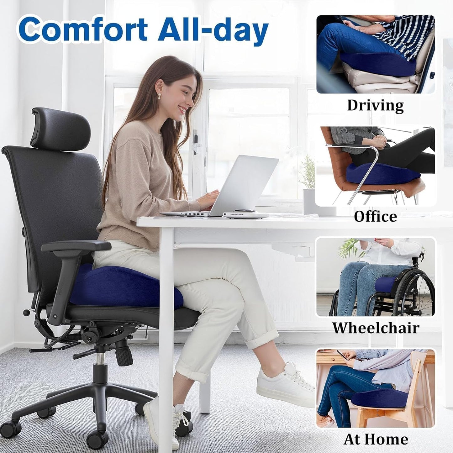 CushyOasis Seat Cushion, Gel Chair Cushions, Office Chair Cushions, Anti-Slip Bottom & Removable Cover Tailbone Pain Relief Cushion, Memory Foam Seat Cushion for Office, Wheelchair, Car (Black)