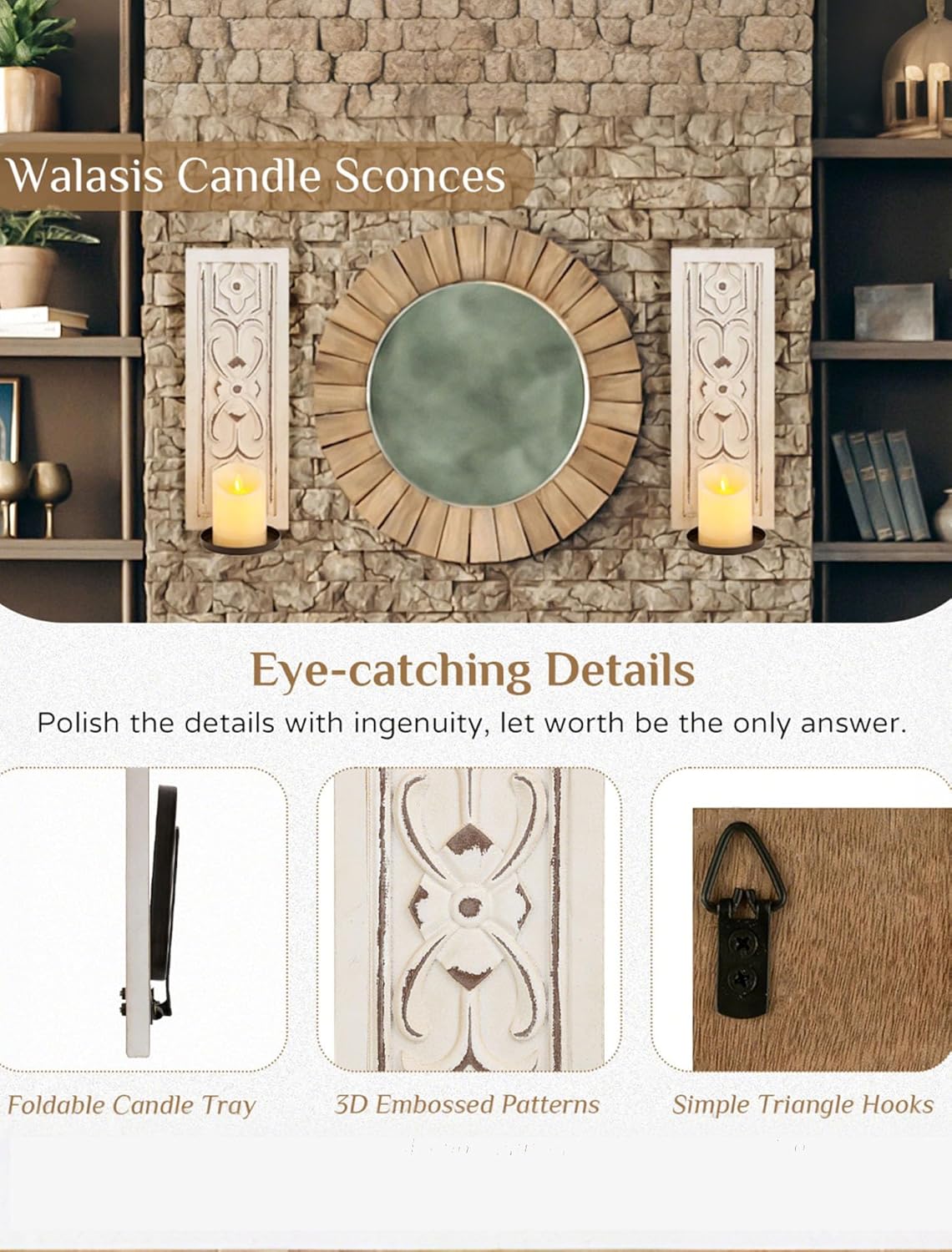 Farmhouse Wood Candle Sconces Wall Decor - Set of 2 Walasis Rustic Wall Candle Holder Decorative Carved Brown Candle Sconce Farmhouse Art Distressed Pillar Candles Holder for Fireplace Decor