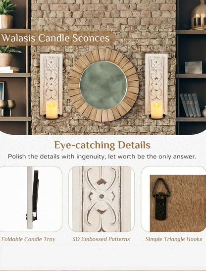 Farmhouse Wood Candle Sconces Wall Decor - Set of 2 Walasis Rustic Wall Candle Holder Decorative Carved Brown Candle Sconce Farmhouse Art Distressed Pillar Candles Holder for Fireplace Decor