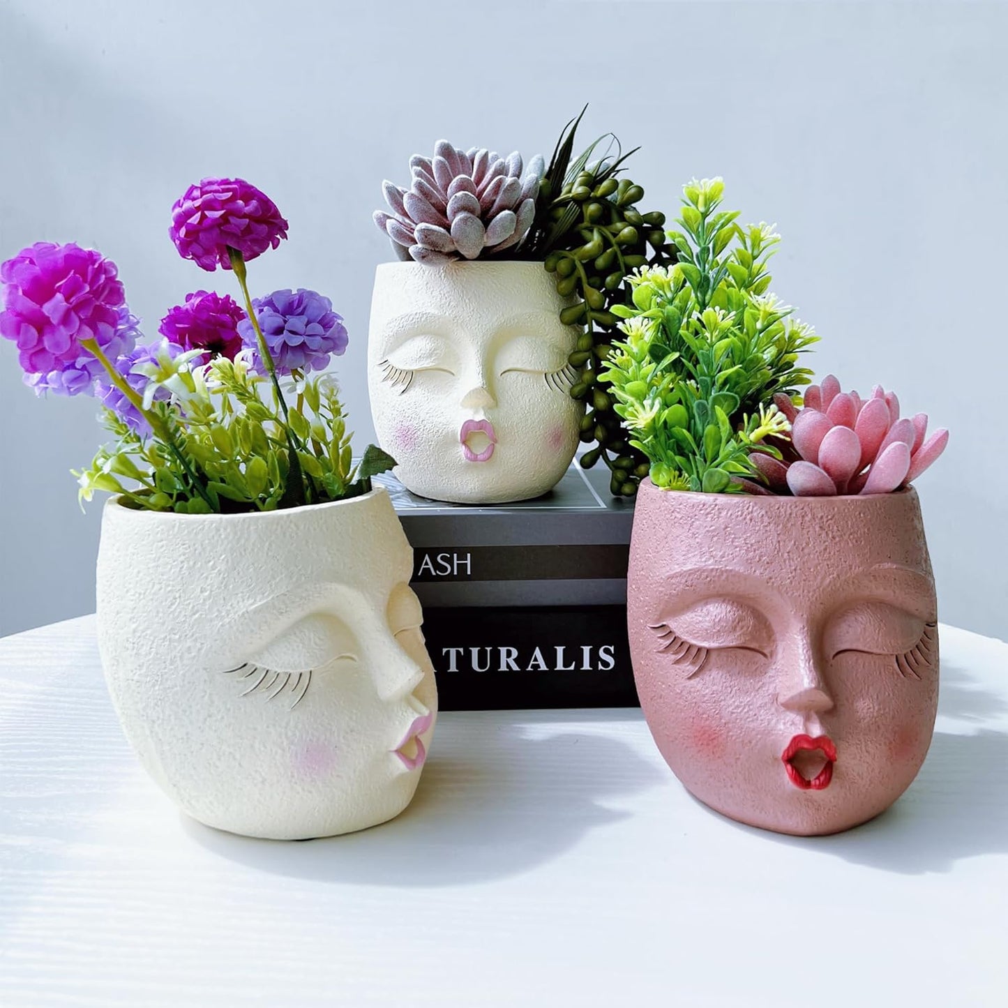 Handmade Face Flower Pots Standing Air Kiss Head Planter Pot for Trailing Plants Cute Succulent Planter Resin Planters Funny Face Planters with Anti-Friction Pads White 1Pack
