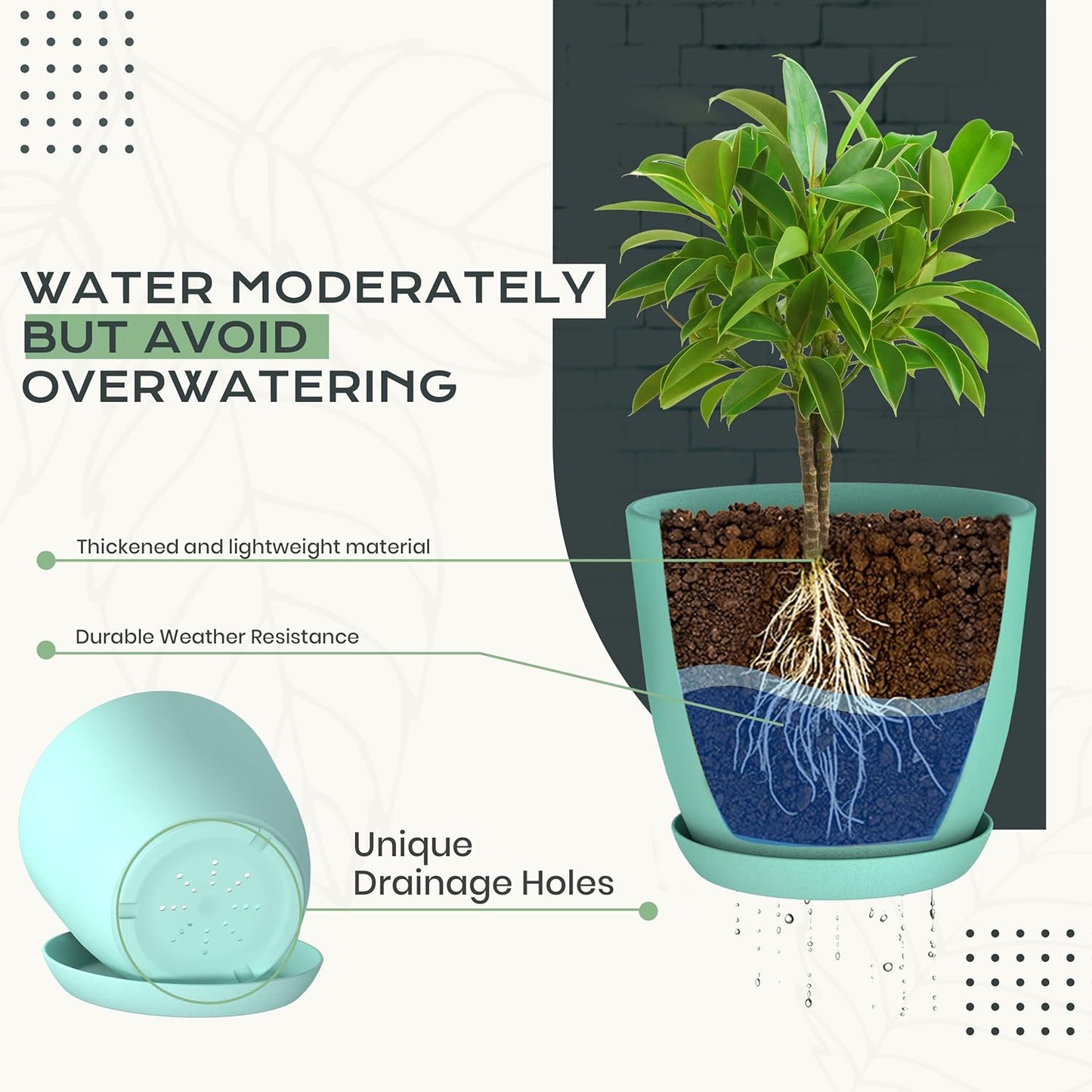 Utopia Home Plant Pots Indoor with Drainage Holes – Set of 5 White Plastic Flower Pots (7/6.6/6/5.3/4.8 Inch) – Modern Planters for Indoor Plants, Room & Office Décor, Great Stocking Stuffers