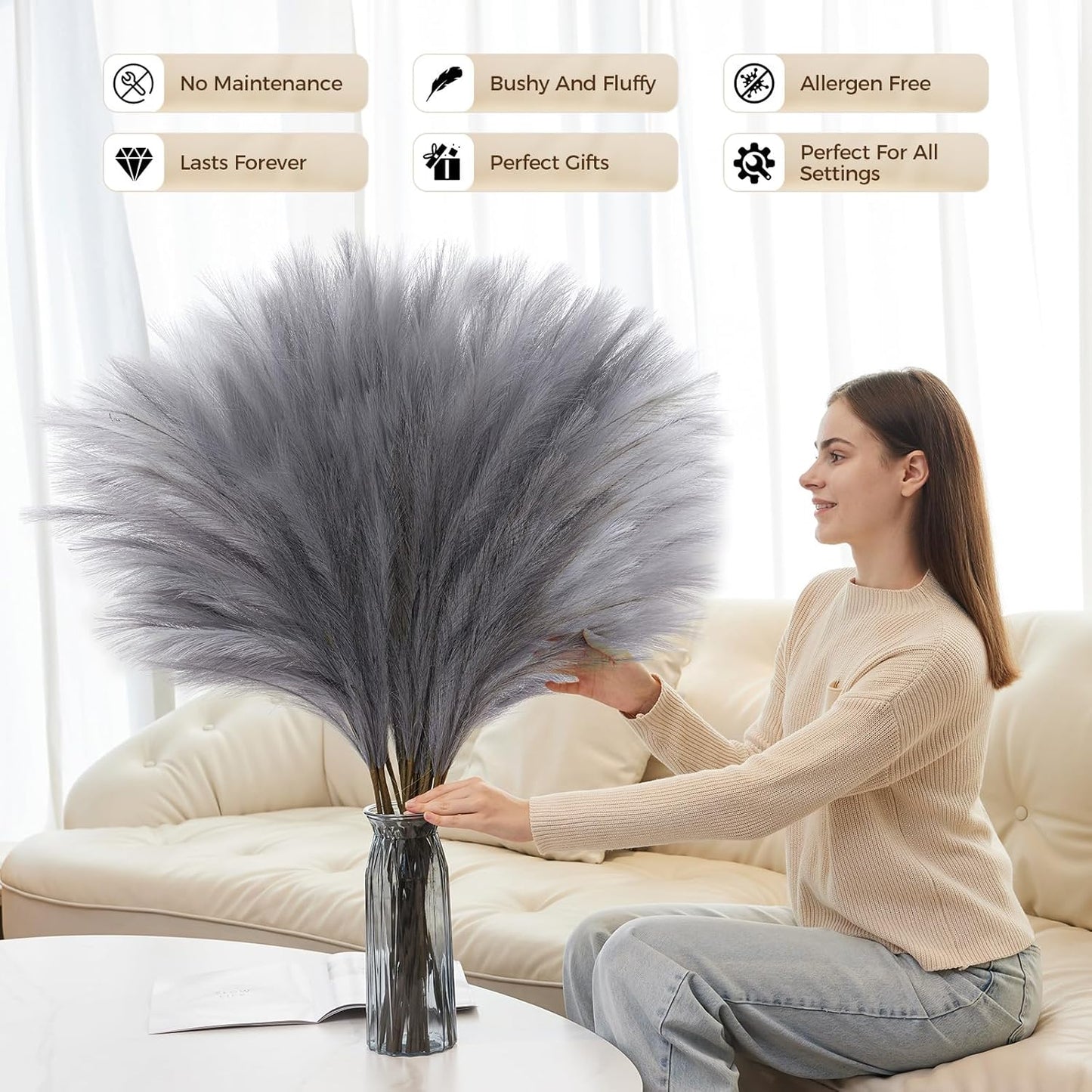 10 Pcs 39''/3.2FT Faux Pampas Grass Decor, Large Tall Fluffy Artificial Fake Flower, Bedroom Decor Boho Decor Pompas Floral for Vase Filler Farmhouse Home Wedding Decor (Blue)