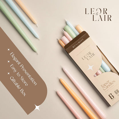 Leor & Lair Pastel Taper Candles 6 Pack - 10" Decorative Tall Candle Sticks with 6 Hour Burn Time - Pastel Candlesticks for Easter Decorations, Wedding & Party Table Decor