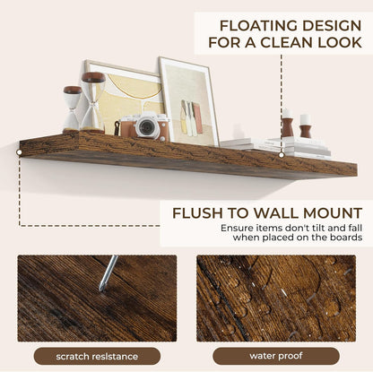 RICHFOCUS 72Inch Floating Shelves for Wall 2 Pack Shelves for Bedroom|Kitchen|Bathroom Wall Mounted Rustic Wood Floating Shelf with Invisible Brackets for Books|Storage|Decor, Rustic Brown