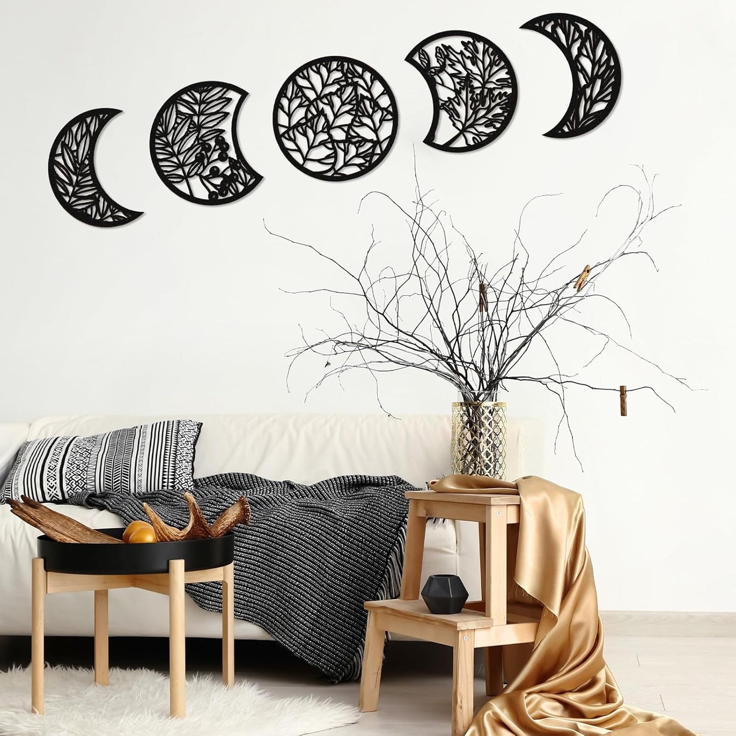 Jetec 5 Pcs Moon Phase Wall Art Decor Wall Pediments Hanging Wooden Phase Spiritual Bedroom Nordic Boho Lunar Aesthetic Art for Living Room Dorm Apartment Ornament(Brown,10.6 Inch,Botanical)