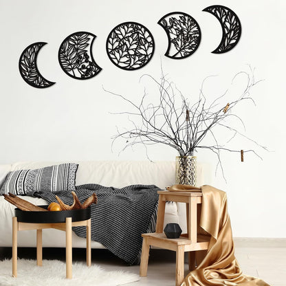 Jetec 5 Pcs Moon Phase Wall Art Decor Wall Pediments Hanging Wooden Phase Spiritual Bedroom Nordic Boho Lunar Aesthetic Art for Living Room Dorm Apartment Ornament(Brown,10.6 Inch,Botanical)