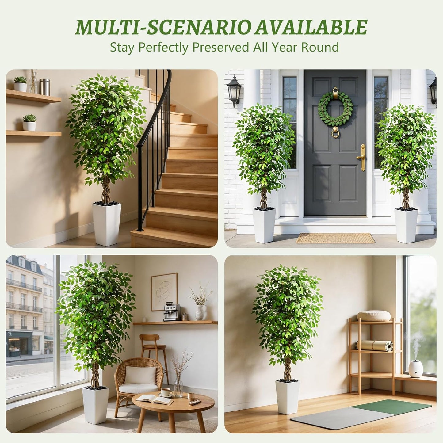 Artificial Ficus Tree 6FT Faux Plants Indoor Tall Fake Plants with White Planter, Green Lifelike Lush Fake Ficus Tree for Home Living Room Bedroom Outdoor Balcony House Office Decor