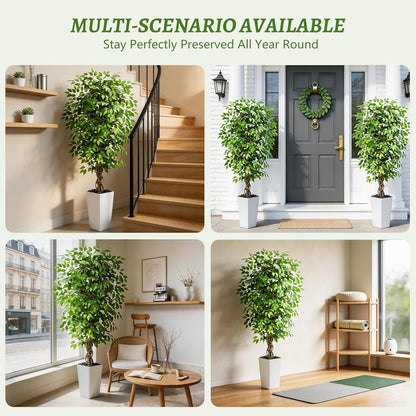 Artificial Ficus Tree 6FT Faux Plants Indoor Tall Fake Plants with White Planter, Green Lifelike Lush Fake Ficus Tree for Home Living Room Bedroom Outdoor Balcony House Office Decor