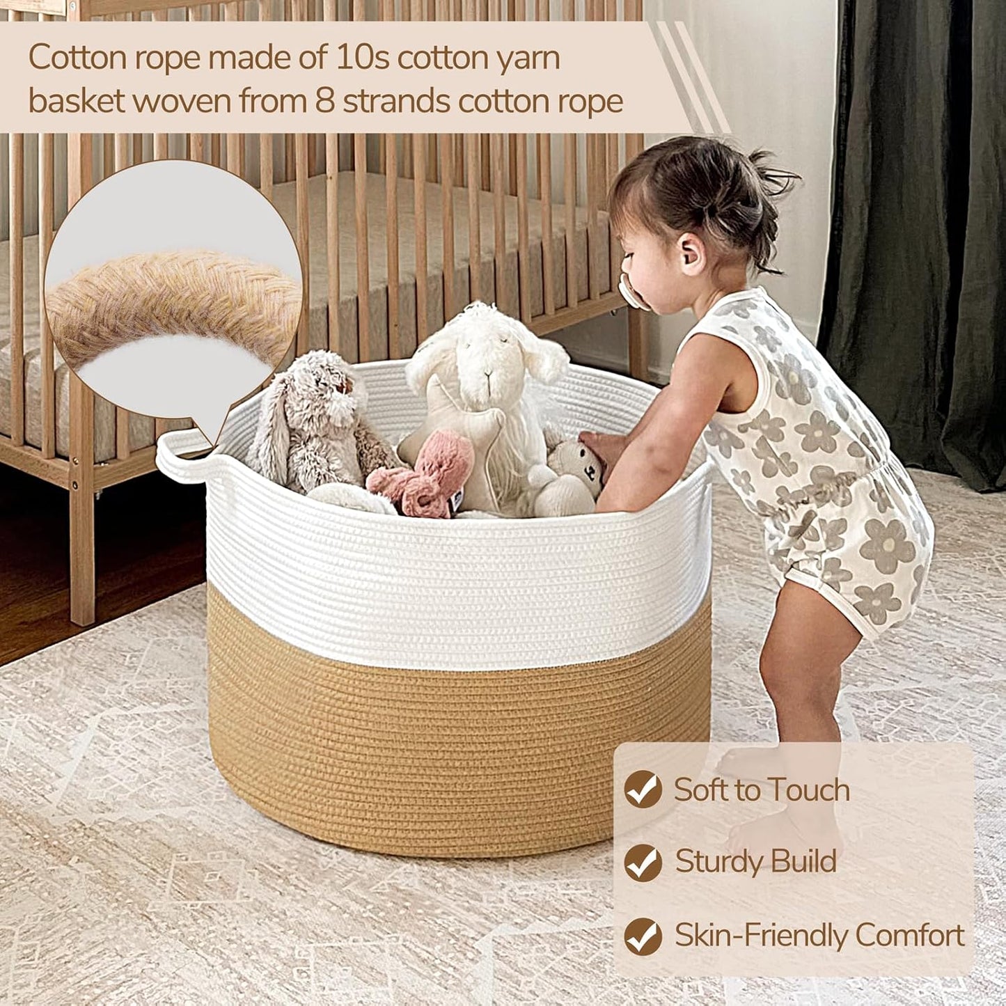INDRESSME XXXLarge Blanket Basket for Living Room 21.7" x 21.7" x 13.8"-Storage Basket with Handle for Organizing Toy Pillows Woven Cotton Rope Laundry Basket Stuffed Animal Toy Storage for Play Room