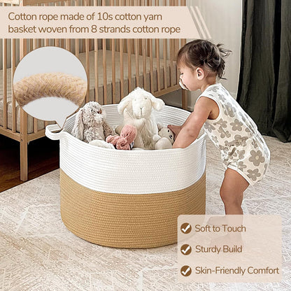 INDRESSME XXXLarge Blanket Basket for Living Room 21.7" x 21.7" x 13.8"-Storage Basket with Handle for Organizing Toy Pillows Woven Cotton Rope Laundry Basket Stuffed Animal Toy Storage for Play Room