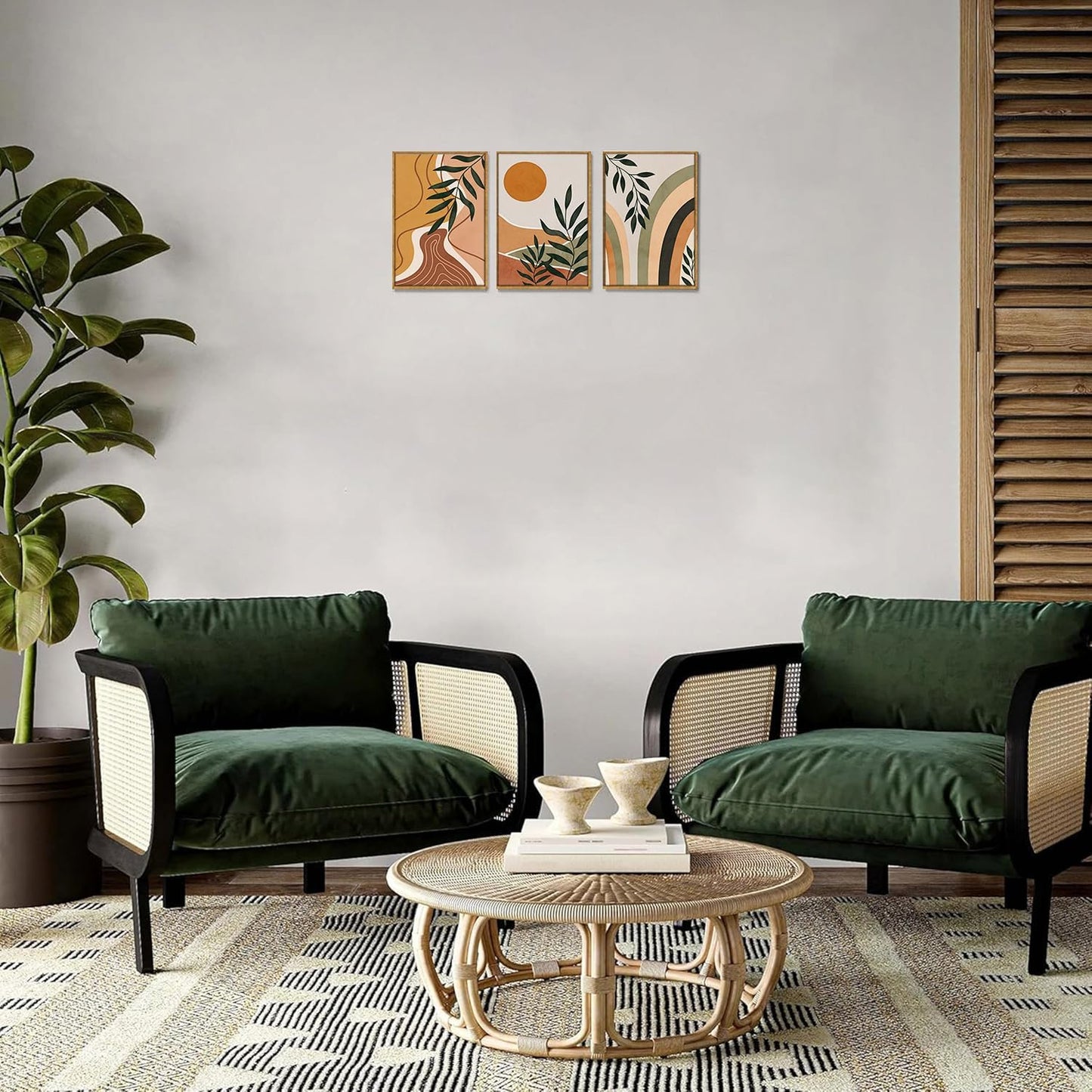 Bwodke Boho Wall Art, Framed Abstract Wall Art, Green Botanical Neutral Canvas Wall Decor, Large Mid Century Plant Pictures Set of 3, Modern Minimalist Paintings, for Bedroom Living Room Bathroom