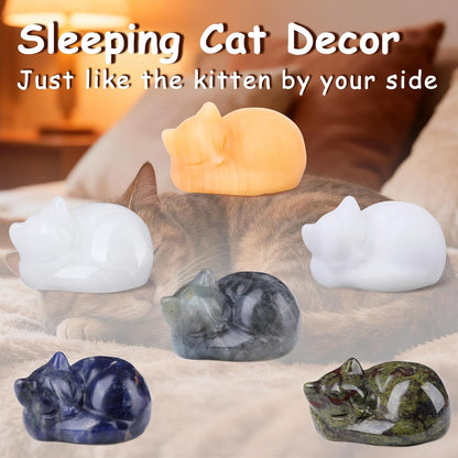 YATOJUZI 2" Cat Decors Statue Opal Moonstones Crystals Opalite Sleeping Cats Gemstone Hand-Carved Cute Animal Figurines Home Office Desk Decor Stocking Stuffers Cat Themed Ornaments Gifts for Women