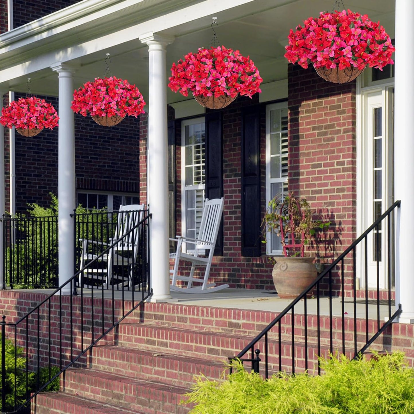 Artificial Hanging Flowers Faux Plants Basket for Outdoors Spring Summer Decor, Fake Silk Bougainvillea in Planter Outdoor Look Real UV Resistant Faux Flower for Outside Porch Patio Garden Home, White