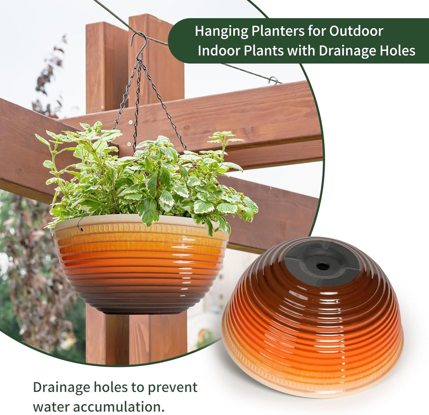 Vanslogreen 2 Pack Hanging Planters for Indoor Outdoor Plants, 10 Inch Hanging Planter with Drainage Hole & Plug Glazed Hanging Baskets Flower Pots for Garden Home (Blue)