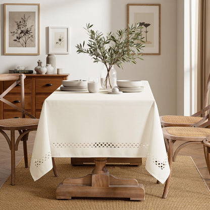 MIULEE Beige Rectangle Linen Polyester Tablecloth with Decorative Cutouts Spring Waterproof Stain Resistant & Shrink-Proof Table Cloth 52x70 inch Farmhouse Style for Dining Wedding and Outdoor