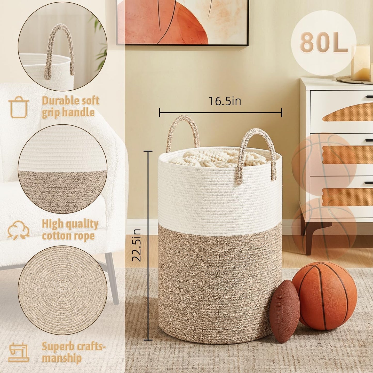 Artfeel Laundry Basket,Woven Cotton Rope Laundry Hamper,60L for Decor Storage of Dirty Clothes,Toys and Blankets in Bathroom,Baby Room and Living Room