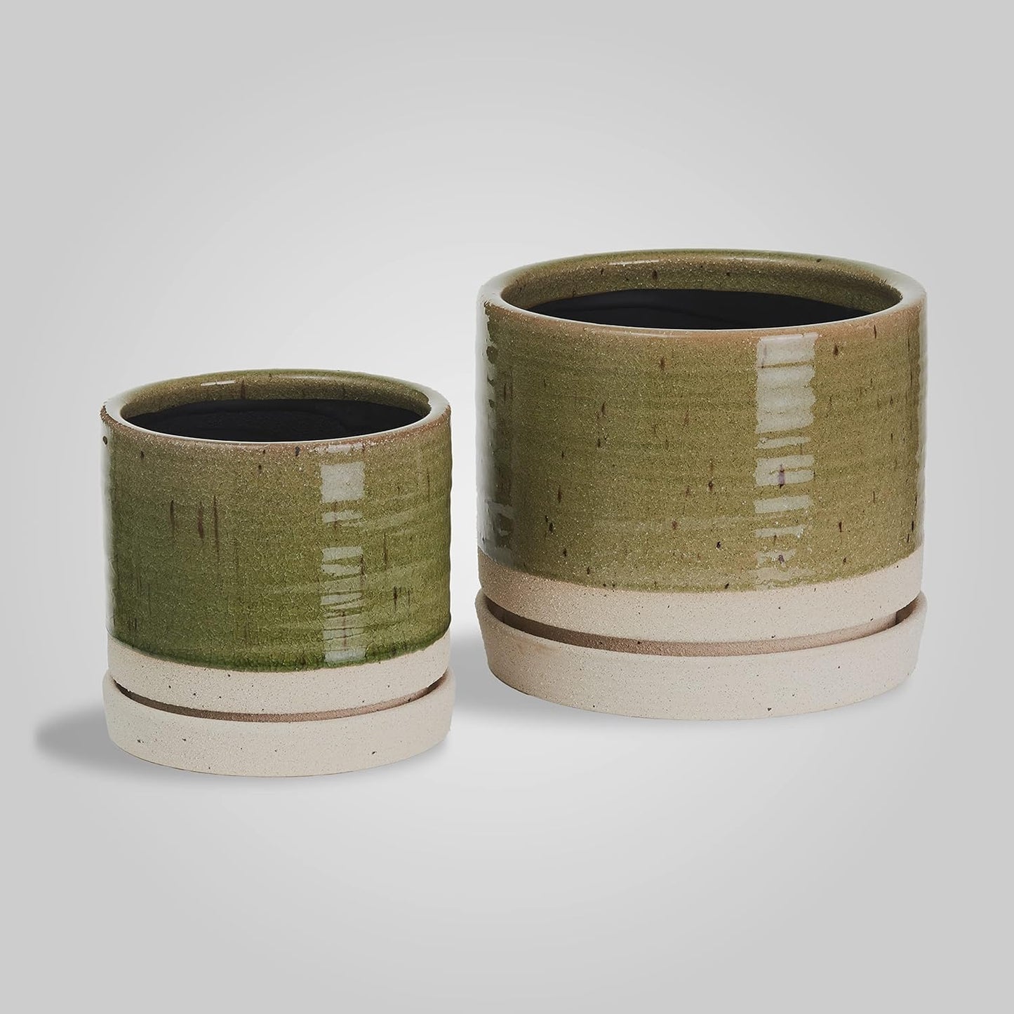 HERDUK 6 Inch Plant Pots, Ceramic Planter Pot with Drainage Hole & Saucer, Indoor/Outdoor Cylinder Round Planter Pot, Green & Beige